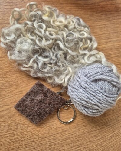 Knit Your Own Sheep Key Ring Kit - Light Grey Gotland Locks with Brown Felt